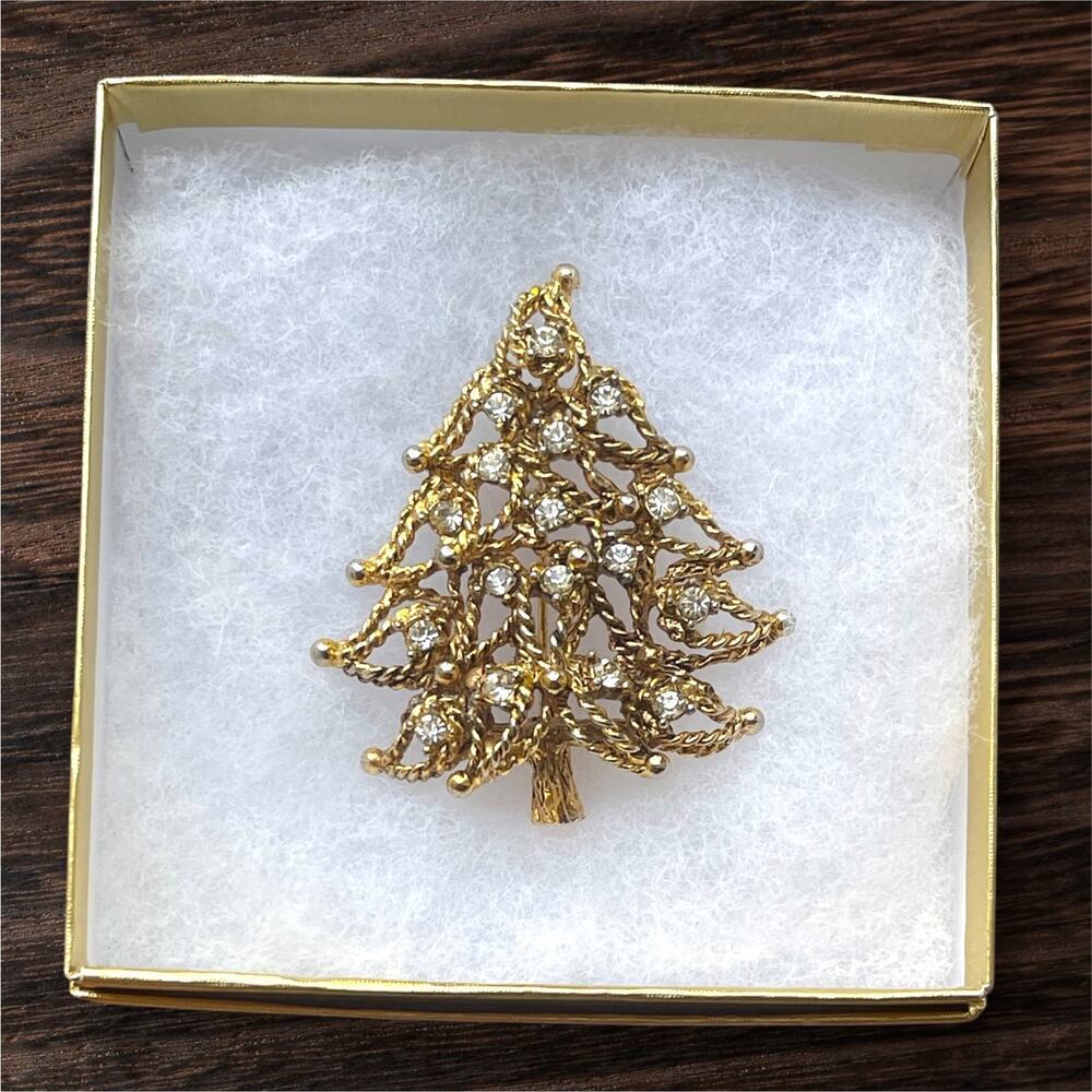 Vintage Christmas Tree Brooch Pin Jeanne Signed Gold Rope Rhinestone Mcm 50s